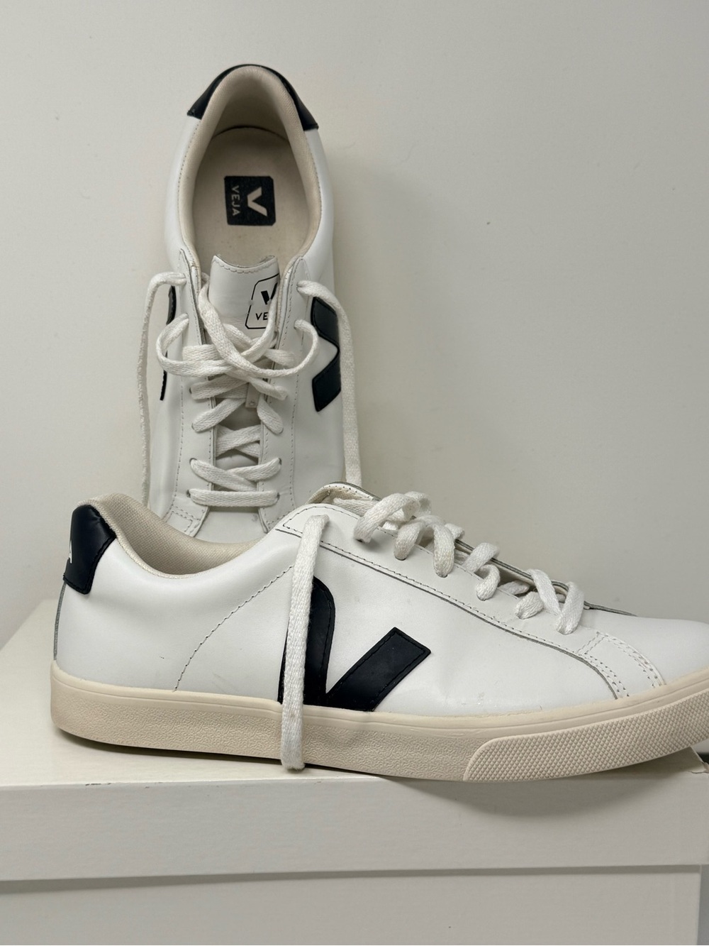 Veja White Leather Sneakers with Black V Logo
